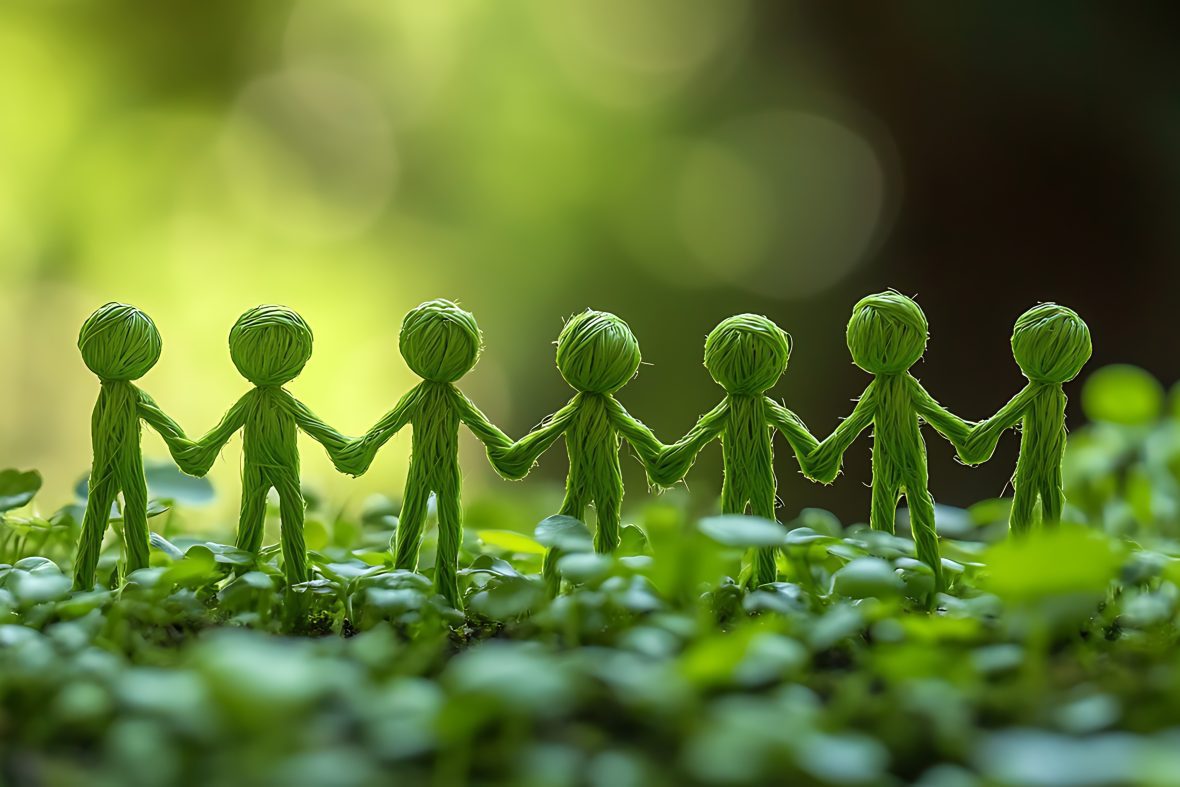 Green figures holding hands in lush greenery.